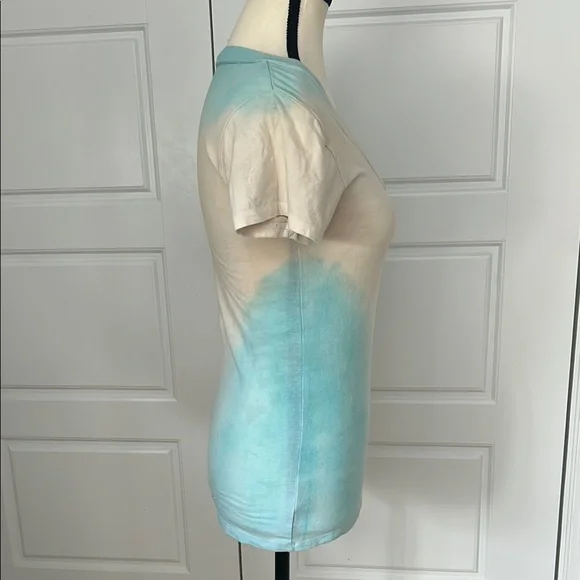 Women’s Cream and Blue Fitted Short Sleeve T-Shirt Tie Dye V-Neck Size M - Picture 4 of 7